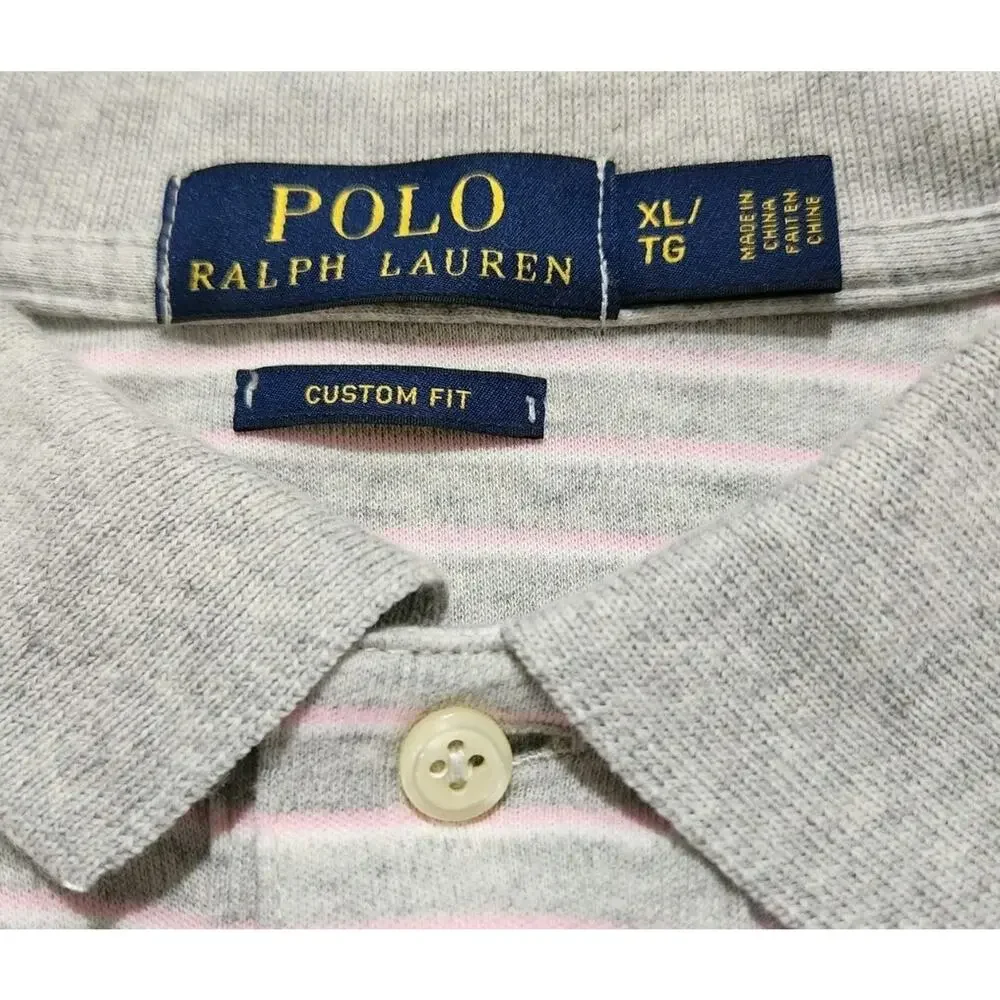 Polo Ralph Lauren Men XL Custom Fit Striped Polo Shirt Pink Gray Cotton - Picture 7 of 8